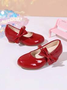 Glossy Red Kids Mary Jane High Heels, Large Bow Tie Strap Low Chunky Heel Girls Dress Shoes, Suitable For Weddings, Birthdays, Parties - Red - View 2