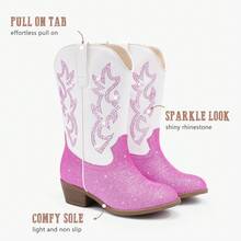 Girls Pink Glitter And White PU Western Cowboy Boots Pointed Toe Mid Calf Rhinestone Riding Cowgirl Boots For Toddler Little Big Kids Party School Holiday Dress Up - 粉拼白 - 查看 4