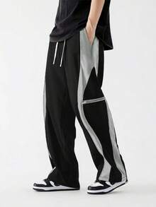 Quần Cargo dáng rộng cho nam màu tương phản, thiết kế túi khóa kéo giả, phù hợp mặc ngoài trời, thường ngày và tập thể dục, mùa thu - màu đen - Xem 1