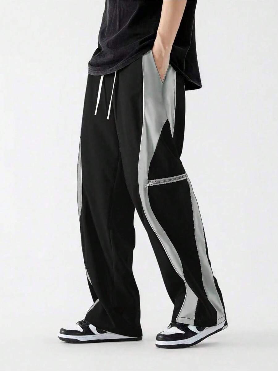 Quần Cargo dáng rộng cho nam màu tương phản, thiết kế túi khóa kéo giả, phù hợp mặc ngoài trời, thường ngày và tập thể dục, mùa thu - màu đen - Xem 1