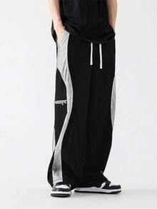 Quần Cargo dáng rộng cho nam màu tương phản, thiết kế túi khóa kéo giả, phù hợp mặc ngoài trời, thường ngày và tập thể dục, mùa thu - màu đen - Xem 6