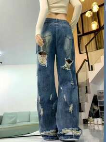 Distressed Maxi Denim Jeans For Women, Oversized Loose Fit Casual Streetwear Design