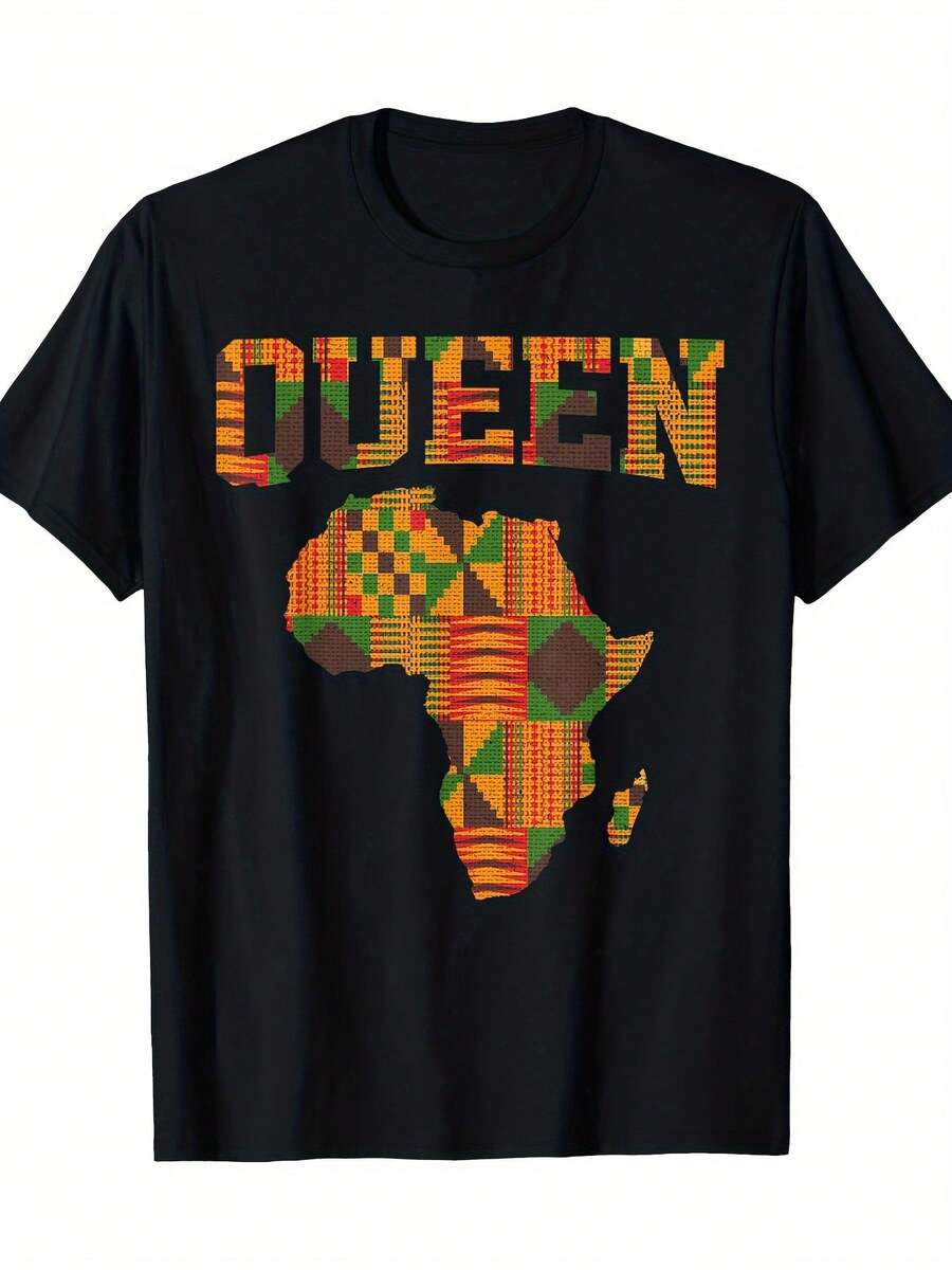 African Queen Art For Women Girls Kente Cloth African Print T-Shirt-220g 100% Cotton - 黑色 - 查看 1