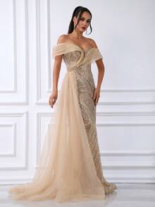 Elegant Golden One-Shoulder Mermaid Evening Gown With Beaded Crystal Organza Floor-Length Skirt, Suitable For Birthday Parties, Dance Parties And Other Formal Occasions - Gold - View 5