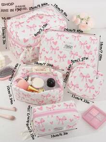 1 Bolsa de Cosméticos Grande com Estampa de Coração Rosa e Laço Acolchoada, Bolsa de Toucador Portátil com Zíper, Bolsa de Armazenamento de Maquiagem Pode Guardar Batom, Pincéis, Produtos de Cuidados com a Pele, Telefones Celulares, Moedas, Pequenos Itens, Adequada para Uso Doméstico, Viagem, Cruzeiro, Férias e Escola, Presentes de Dama de Honra de Casamento, Presentes de Aniversário, Presentes de Festival, Essenciais de Outono Universitários, Bolsa de Viagem de Férias para Mulheres, Bolsa de Maquiagem, Organizador de Maquiagem