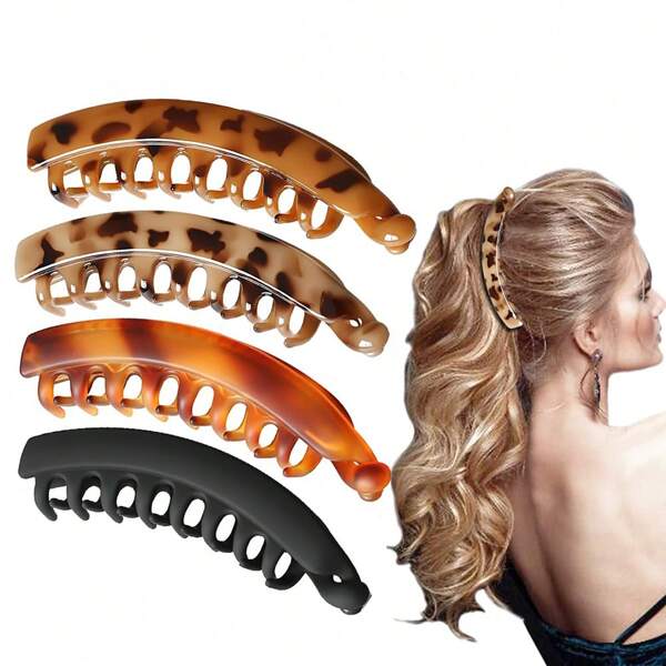 4 Peças Presilhas de Banana para Cabelo Grosso, Presilha de Rabo de Cavalo Grande de Banana com Fixação Forte, Presilhas de Garra de Banana Antiderrapantes para Cabelo Fino, Cabelo Encaracolado, Acessórios de Cabelo para Mulheres e Meninas
