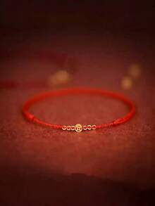 14 Karat vergoldetes gewebtes rotes Münzen-Armband, verstellbarer Glücks-Seil-Amulett, rotes Seil gewebtes Armband für Damen und Mädchen, Glücks-Schmuck Rot - Münze - Übersicht 2