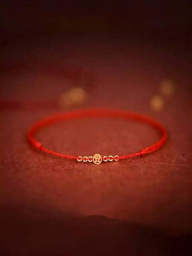 14K Gold-Plated Woven Red String Coin Bracelet, Adjustable Lucky String Amulet, Red String Woven Bracelet For Ladies And Girls, Lucky Jewelry Red - Coin - View 2