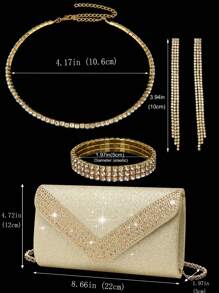 GZCS BAG 4 Pieces Rhinestone Jewelry Set Bling Necklace Earrings Bracelets Set For Sparkling Glitter Hot Diamond Elegant V-Shaped Flap Envelope Purse For Women Prom With Detachable Metal Chain For Wedding And Party Shoulder Bag For Women Clutch For Ladies Bag Women's Handheld Evening Bag Versatile Cocktail Wedding New Wallet Banquet Bag