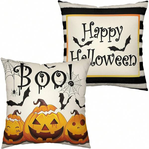 2 stuks Happy Halloween kussensloop pompoen vleermuis spinnenweb kussensloop boo kussen Halloween wit en zwart gestreepte kussensloop voor thuisdecoratie bank buiten, enkele zijde geen kussensloop