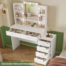 Großer Schminktisch mit Spiegel und Beleuchtung, Schminktisch mit 6 Schubladen und 4 offenen Ablageflächen, Schminktisch-Set mit Hocker, für Frauen und Mädchen