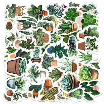47pcs Cartoon Green Plant Stickers For Phone Case, Laptop Decoration, Potted Plant, Waterproof DIY Stickers
