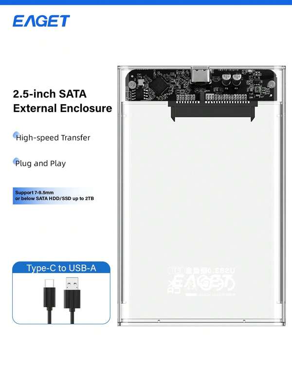 Portable Hard Drive Enclosure SATA To USB 3.0 SSD Enclosure 2.5-Inch HDD SSD External Hard Drive Case High Speed 5Gbps USB 3.0 To Type-C Transparent Mobile HDD Box For PC/ Laptop Windows