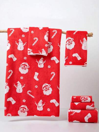 1条薄款红色圣诞主题提花浴巾，饰有圣诞老人图案，采用聚酯纤维制成，尺寸为70*140厘米（长方形）或34*75厘米（厨房/洗脸/手巾）或34*34厘米（小毛巾），适合男士、女士、情侣、家庭使用，四季皆宜，速干、吸水性强、柔软舒适，适用于浴室、酒店、健身房、节日礼物、派对、沙滩、美容院、酒店运动、家居用品、毛巾、护肤品等。