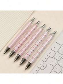 5/3/1 Pink Retractable Tip Pen Set - Cute Cartoon Design With Ring Print, Colorful Thank You Gift, Perfect For Office, School, Gift, Back To School Season