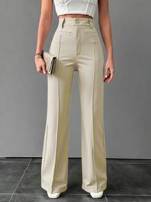 Liu Fashion Women's Wide Leg Pants With Fake Pocket, Formal And Elegant - Màu be - Xem 3