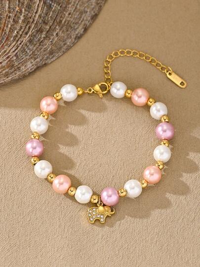 MONALLY 18K Gold Plated Cute Elephant Pendant Pearl Bracelet, Stainless Steel Jewelry For Women, Suitable For Wedding, Engagement, Promise, Bride, Eternity, Anniversary, Lady, Valentine's Day, Daily Wear, All Seasons, Romantic Holiday Gift