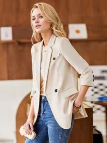 杏色女士西装外套，时尚设计，2025春秋新款休闲时尚优雅西装上衣 - 杏色 - 查看 5