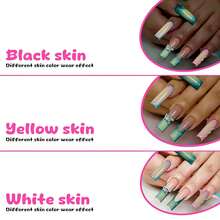 Long Square Press On Nails Green Ombre French Fake Nails Pink Ombre False Nails With 3D Star Designs Long Square Nail Press Ons Sparkly Glue On Nails Cute Stick On Nails For Women 24Pcs - 長款-C5C24 - 查看 4