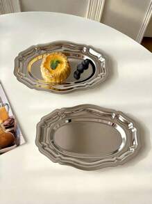 1pc Vintage French Stainless Steel Oval Tray, Retro Floral Oval Plate, Dessert Dish Tableware