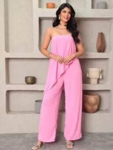 Long Asymmetrical Strapless Pantaloon Jumpsuit Spring Summer - Baby Pink - View 1