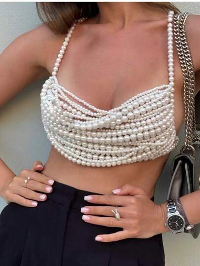 1 Pieza Camiseta de mujer de alta calidad y lujo con capas de perlas, tejida a mano, de moda y sexy, con cadena de Body de perlas