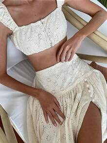 DECODE DIVA Bohemian Style Short Crop Top & High Waist Skirt 2pcs/Set, Spaghetti Strap Backless Two Pieces Outfit,For Beach Vocation,Holiday Outfit, Romantic Vacation Outfit,Back To School,Valentine's Day - 米色 - 查看 1