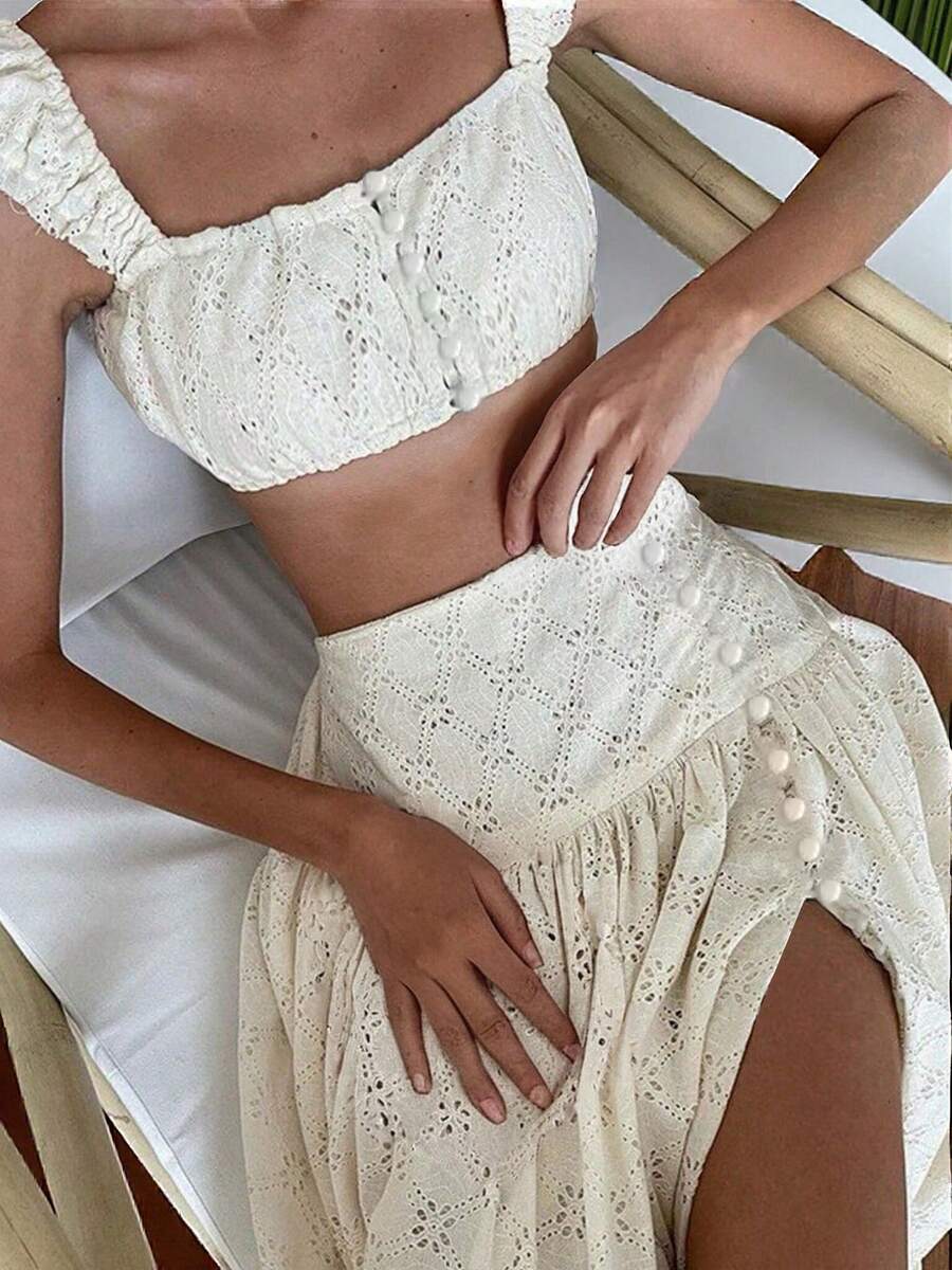 DECODE DIVA Bohemian Style Short Crop Top & High Waist Skirt 2pcs/Set, Spaghetti Strap Backless Two Pieces Outfit,For Beach Vocation,Holiday Outfit, Romantic Vacation Outfit,Back To School,Valentine's Day - 米色 - 查看 1