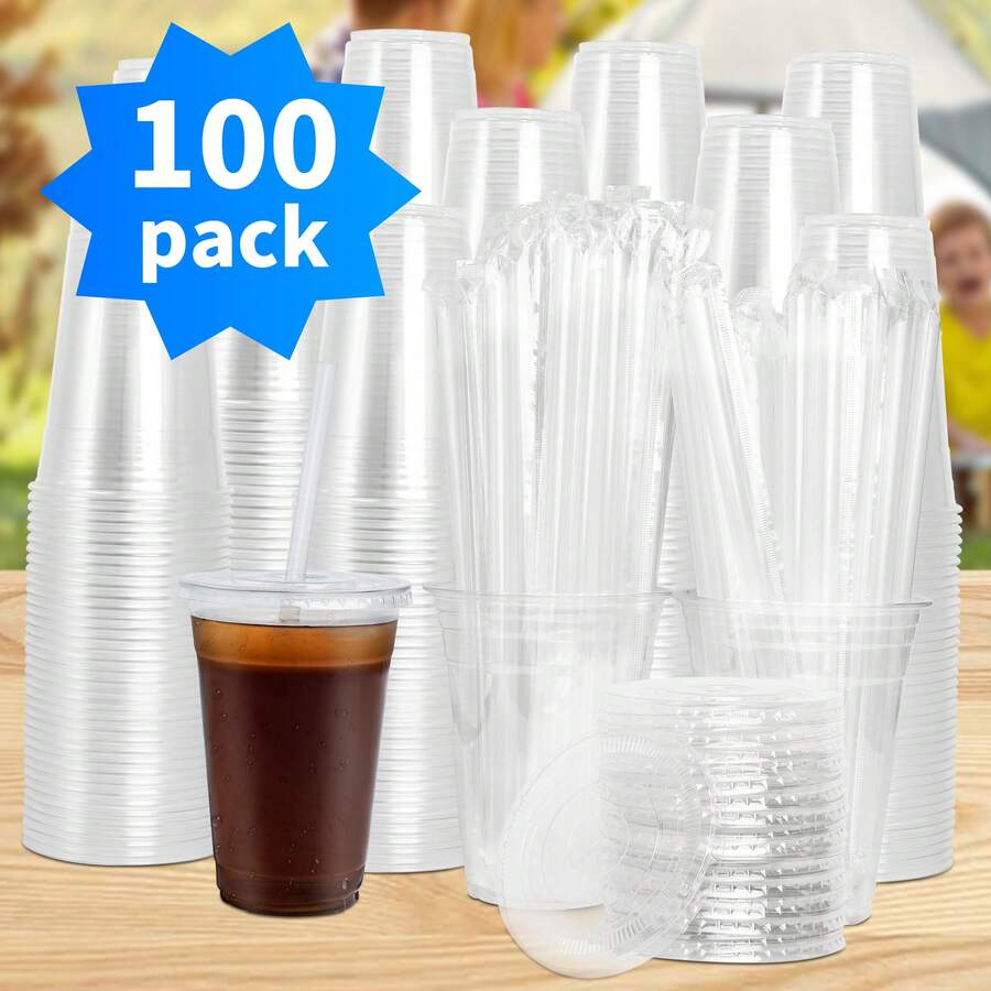 100Pack- [12,16,20,24 Oz Plastic Cups With Lids And Straws], Disposable Clear Plastic Cups With Lids For Iced Coffee, Smoothie, Milkshake And Cold Drinks[]] - 規格 - 查看 1