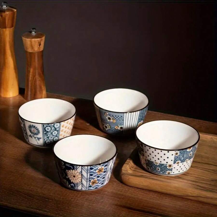4pcs Ceramic Bowls, Japanese Small Ceramic Bowls, Hand-Painted Glaze Technology, High Temperature Firing, Bright Color, Crack Resistance, Suitable For Eating Rice, Salad, Congee. Desserts, Ice Cream, Etc. Are Used For Dishes, Dipping Sauces, Snacks, Noodles, Ovens, Etc.