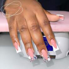 Duck Nails Press On Long Press On Nails White French Tip Fake Nails Coffin False Nails With Rhinestones Designs Pink Glue On Nails Glossy Artificial Nails Natural Stick On Nails For Women - 長款-C5C4 - 查看 2