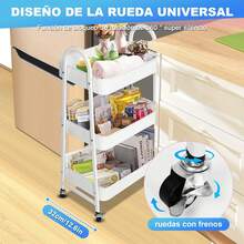 Carrito Metálico Rodante de 3 Niveles con Ruedas Bloqueables, Organizador Pesado para Bebé de Tres Pisos, Carrito de Almacenamiento Utilitario para Arte, Manualidades, Bocadillos, Guardería, Pañales y Suministros de Limpieza, con Malla - Blanco - Ver 9