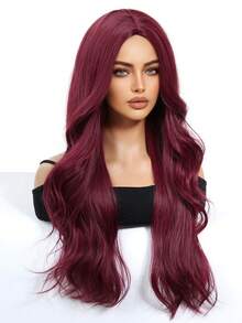 28 Inch Burgundy Long Curly Wig, Middle Part Synthetic Wig, Long Straight Synthetic Wig, Heat Resistant Fiber Full Machine Wefted Wig, Cosplay Party Wig, Fashionable Women - Burgundy - View 4