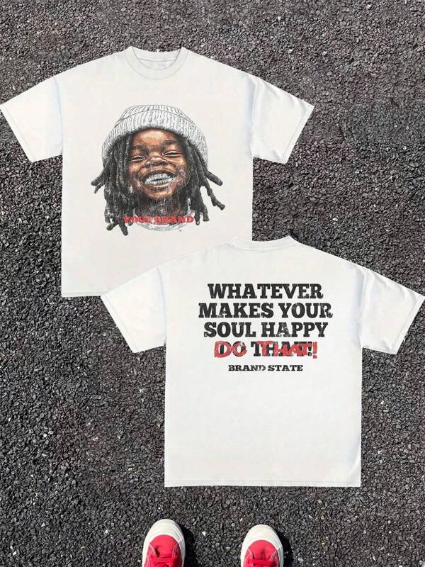 Happy Soul Portrait Double Sided Digital Printed 220g T Shirt Streetwear 1pcs Men's Casual Round Neck Short Sleeve 100% Cotton Casual Tee Cool Gift