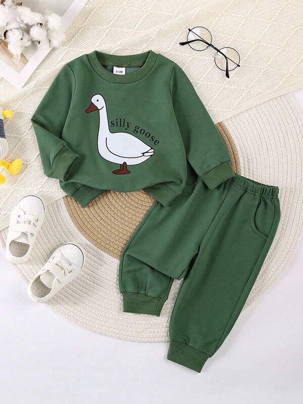 Conjunto de 2 peças de moletom manga comprida + calça estampada de ganso para meninos, outono/inverno