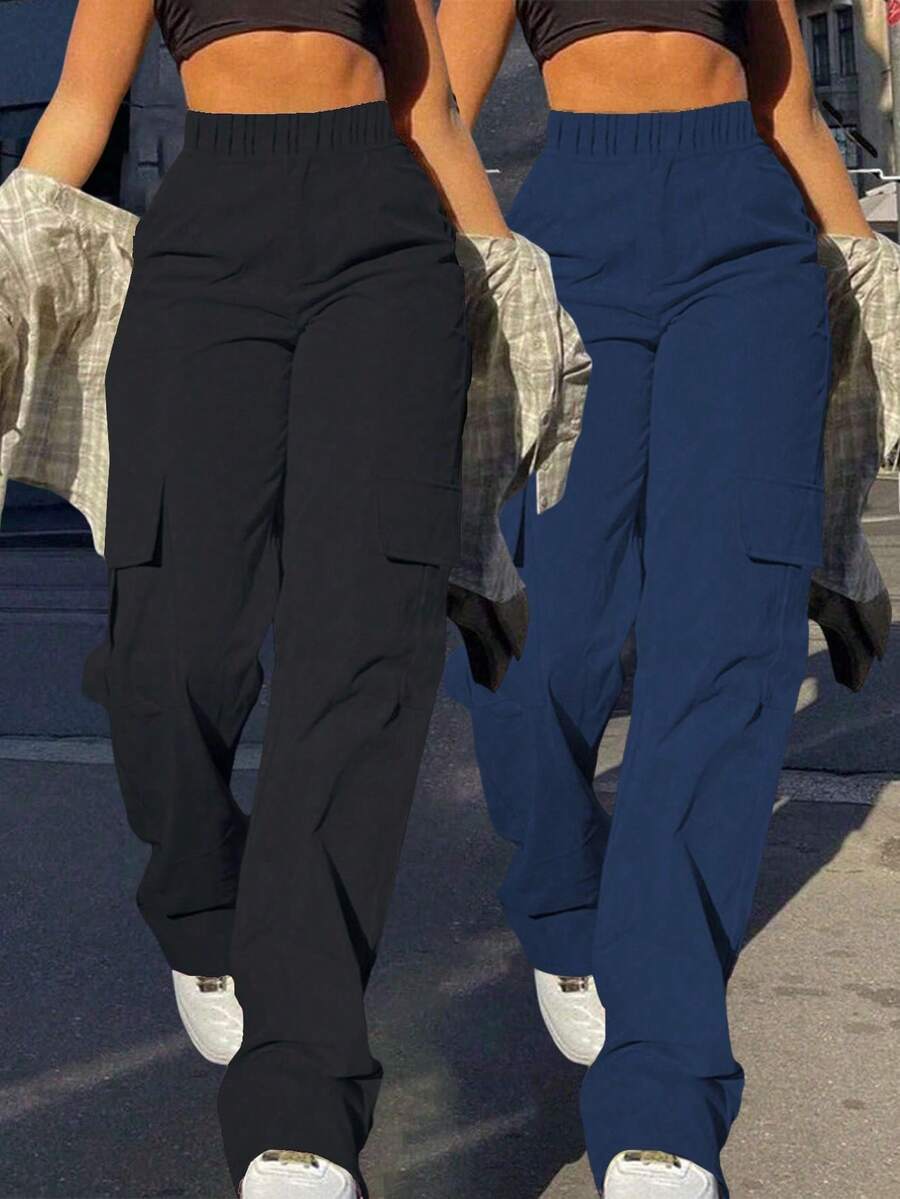 2 Stück Mädchen/Teenager Mode Lässig vielseitige locker geschnittene gerade Bein Cargo Hosen mit Mehreren Taschen, geeignet für Outdoor, Frühling/Sommer/Herbst/Winter