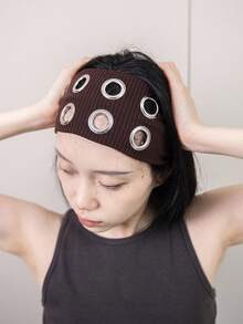 1条女士朋克风金属孔眼柔软弹力宽发带，弹力金属宽边休闲发饰，适合甜美酷炫的街头风，Y2K风格。头巾式发带，秋冬季度假发带，女士优雅围巾，女士头巾，柔软头巾 - 彩色 - 查看 14