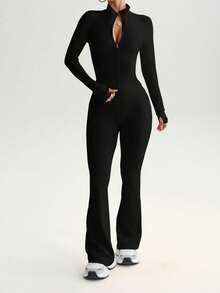 Solid Color Sports Set Consisting Of A Fitted Top And Flared Pants - Black - View 4