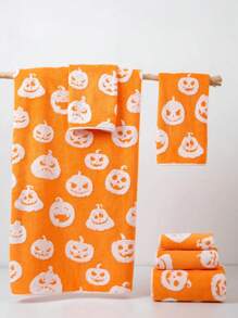1pc Thin Orange Towel With Jacquard Halloween Pumpkin Pattern, Made Of Polyester Fiber, Rectangular 70*140cm Or Kitchen/Face/Hand 34*75cm Or Small Square 34*34cm, Suitable For Men, Women, Couples, Families, All Seasons, Quick-Drying, Absorbent, Soft, Applicable For Bathroom, Hotel, Gym, Holiday Gifts, Parties, Beach Shower Towels For Beaty Salon, Hotel Sports,Home Essentials, Towel, Skin Care