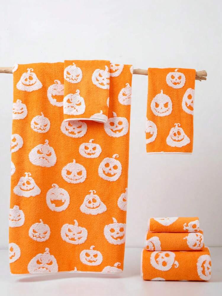 1pc Polyester Orange Bath Towel Or Kitchen Hand Towel, Thin, Halloween Pumpkin Pattern, Unisex, Suitable For All Seasons, Quick-Drying And Absorbent, Ideal For Bathroom, Holiday Gifts, School, Outdoor Travel And Home Use - Orange - View 1