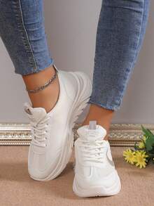 1 双运动厚底气垫系带高帮透气跑步鞋，休闲运动鞋 - 米色 - 查看 4