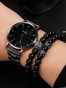 3pcs Fashionable And Versatile Men's Quartz Watch, Round Dial, Alloy Steel Strip, Paired With Crown Bead Bracelet Set, The Best Gift For Men, Suitable For Holiday Gifts And Daily Wear