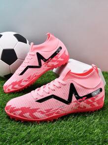 1 双男/女/青少年足球鞋高帮户外运动足球鞋耐用防滑适用于人造草皮、沙地、草坪、室内球场、系带足球训练鞋、轻质高性能抓地力设计 - 粉紅色 - 查看 2