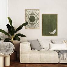 Sun And Moon Wall Set Of 2 Art Prints, Sage Green Wall Arts Abstract Boho Posters, Olive Green Wall Arts, Day And Night Art, Boho Minimalist Gift, Ramadan Decorations, No Frame,Green Decor - Black - View 7