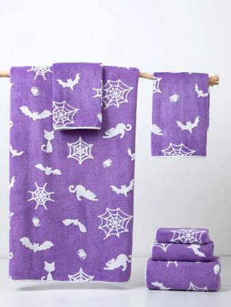 1pc Thin Purple Jacquard Halloween Bat Pattern Bath Towel, 70*140cm Or 34*75cm Hand Towel Or 34*34cm Washcloth, Polyester, Quick-Drying, Absorbent, Soft, Suitable For Bathroom, Hotel, Gym, Holiday Gifts, Party, Beach, Unisex Shower Towels For Beaty Salon, Hotel Sports,Home Essentials, Towel, Skin Care