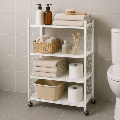 Bakaji Scaffale Salvaspazio Richiudibile in Metallo, Scaffalatura Multiuso Pieghevole Bianca con 4 Ruote Piroettanti, Carrellino con Chiusura a Libro Facile e Veloce