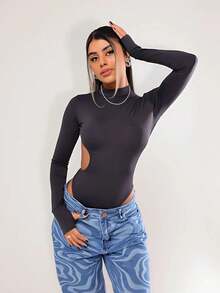 Backless Bodysuit Long Sleeve Leotard Fashion Blogger Stylish Feminine - 黑色 - 查看 2