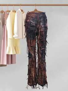 Women Tie Dye Tassel High Wasit Bell Bottom Pants Distressed Leggings Pants Casual  Bootcut Trousers For Streetwear - 鏽棕色 - 查看 3