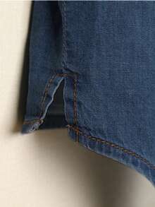 Plain    Casual  Cute    Cotton    Button Front  Pocket    Denim Shirt  Travel  Daily    Spring Summer Fall  Roll Up 3/4 Sleeve  Front Knot - 寶藍色 - 查看 4