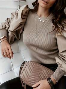 Fashionable Elegant Round Neck Fitted Puff Sleeve Splice Blouse - Khaki - View 2